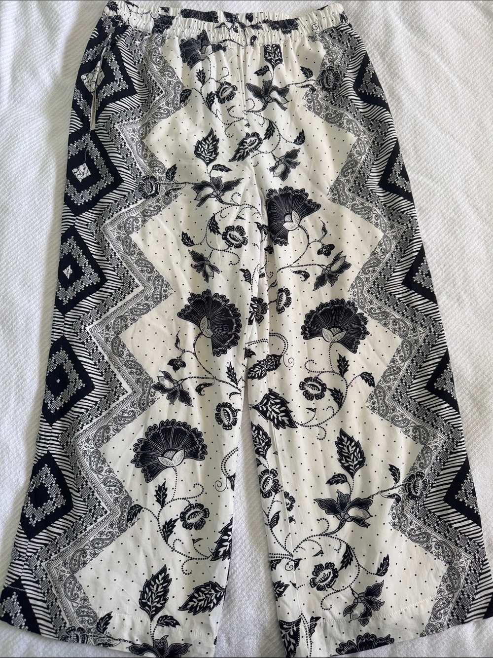 Anthropologie Black & White Floral Wide-Leg Pants